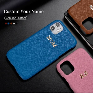 custom pebble grain genuine leather luxury gold initial name phone case cover for iphone 12 11 13 pro max x xs xr 7plus 8plus free global shipping