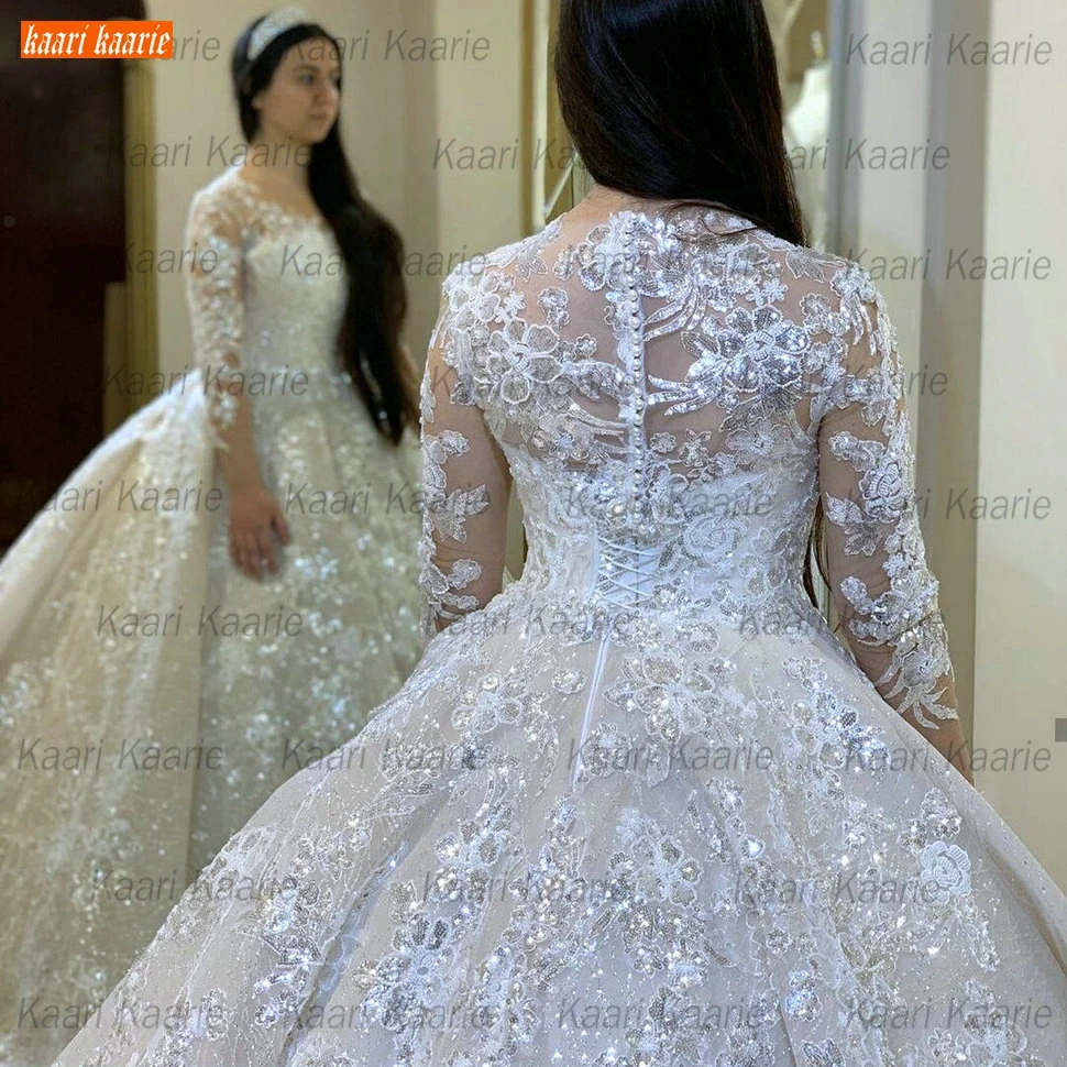 

Arabic Lace Wedding Gowns Appliqued Long Sleeves Ivory O Neck Bride Dresses 2020 Marry Muslim Dubai Princess White Wedding Dress