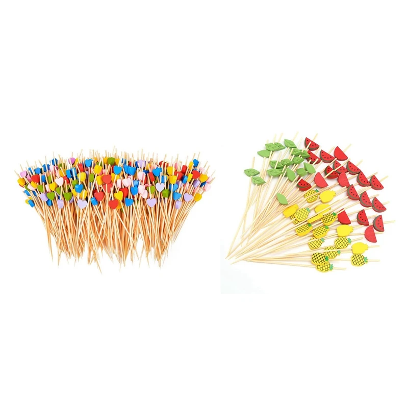 

200Pcs 4.7 Inches Cocktail Picks Handmade Heart Shape Bamboo Pick With 4.7 Inch Fruit Kabob Skewers Fancy Toothpicks