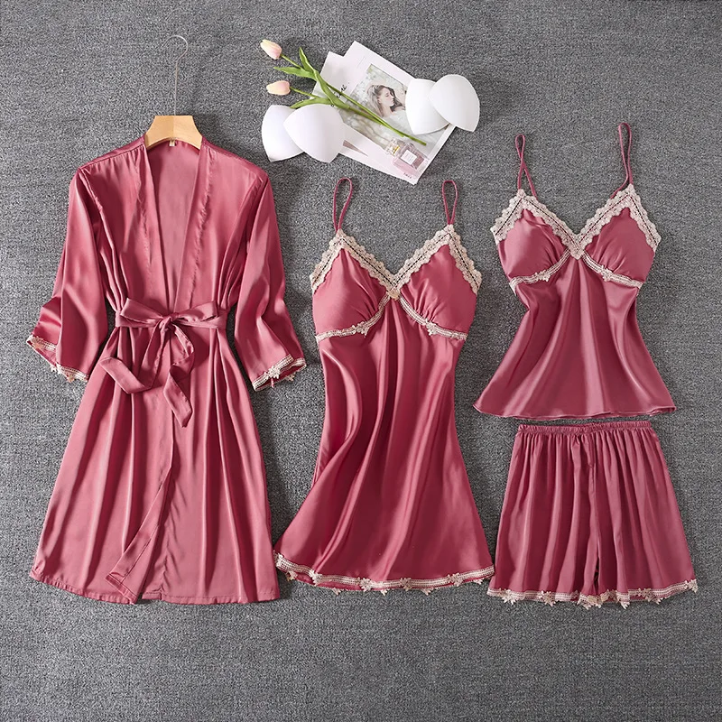 4 Pcs Suit Lace Fashion Women Pajamas With Cheat Pad V-Neck Pyjamas With Belt Satin Soft Touch Nightwear