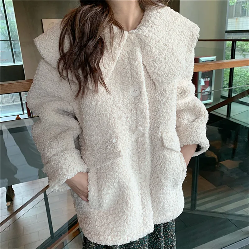 Кукольный воротник овечья шерсть плюшевая куртка для женщин новинка 2019 теплые
