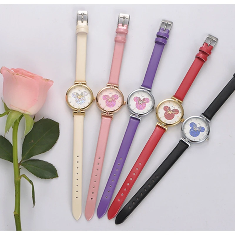 Красивые девушки Минни Маус Роскошные Bling Кристалл кожа кварцевые часы для женщин красивый лук маленький Дисней часы Водонепроницаемость