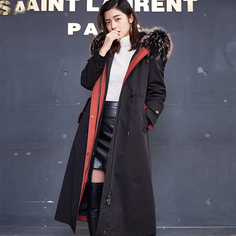 Настоящий мех кролика пальто для женщин Длинные парки женская зимняя куртка с