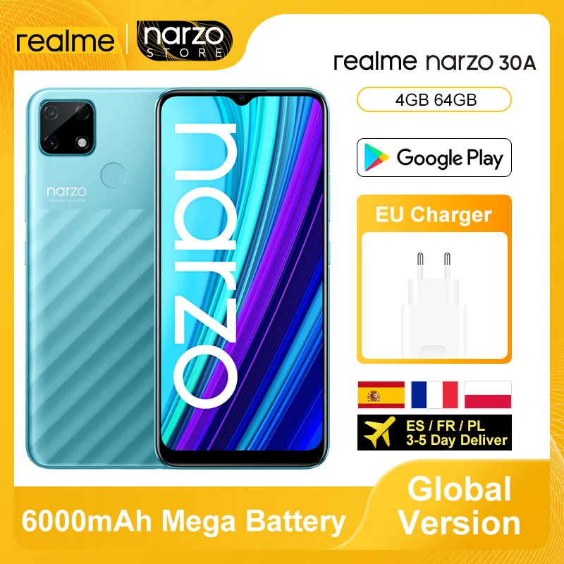  Realme Narzo 30A, глобальная версия, 4 ГБ 64 ГБ, Helio G85, 6,5 дюйма, полноэкранный режим, 13 МП, AI, двойная камера, 6000 мАч 