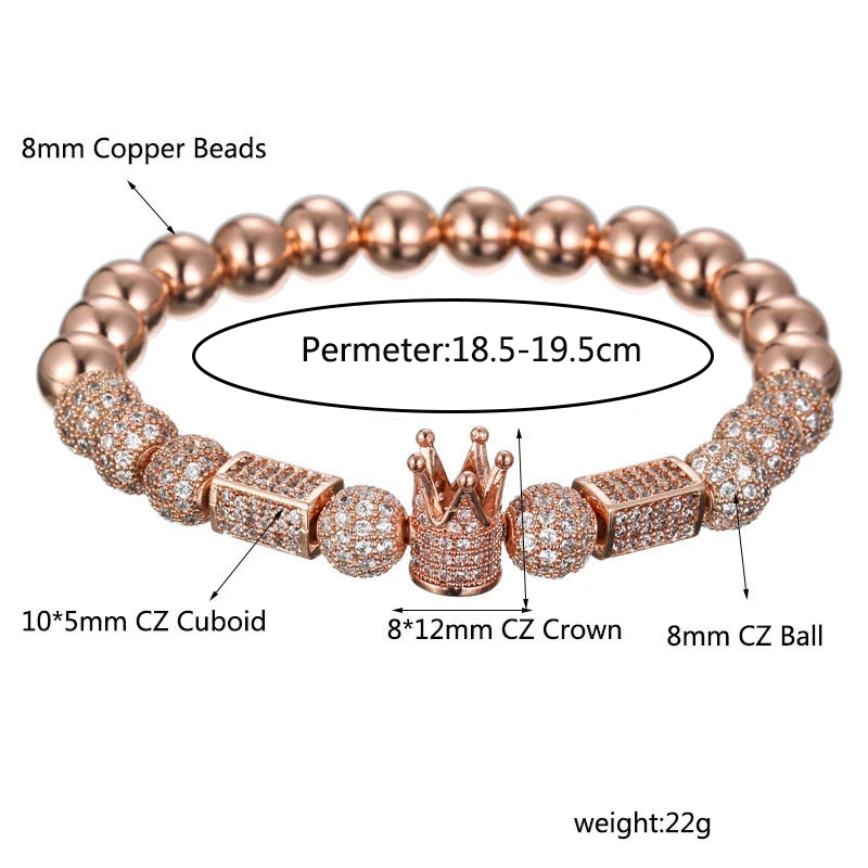 

New Zircon Bracelets Men Women Jewelry CZ Imperial Crown Cuboid Charm 8mm Micro Pave CZ Copper Beaded Bracelet Pulseira Feminina