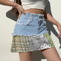 2021 new summer women fashion casual high waist mini skirts all match individual skirts indie patchwork raw edges denim skirt
