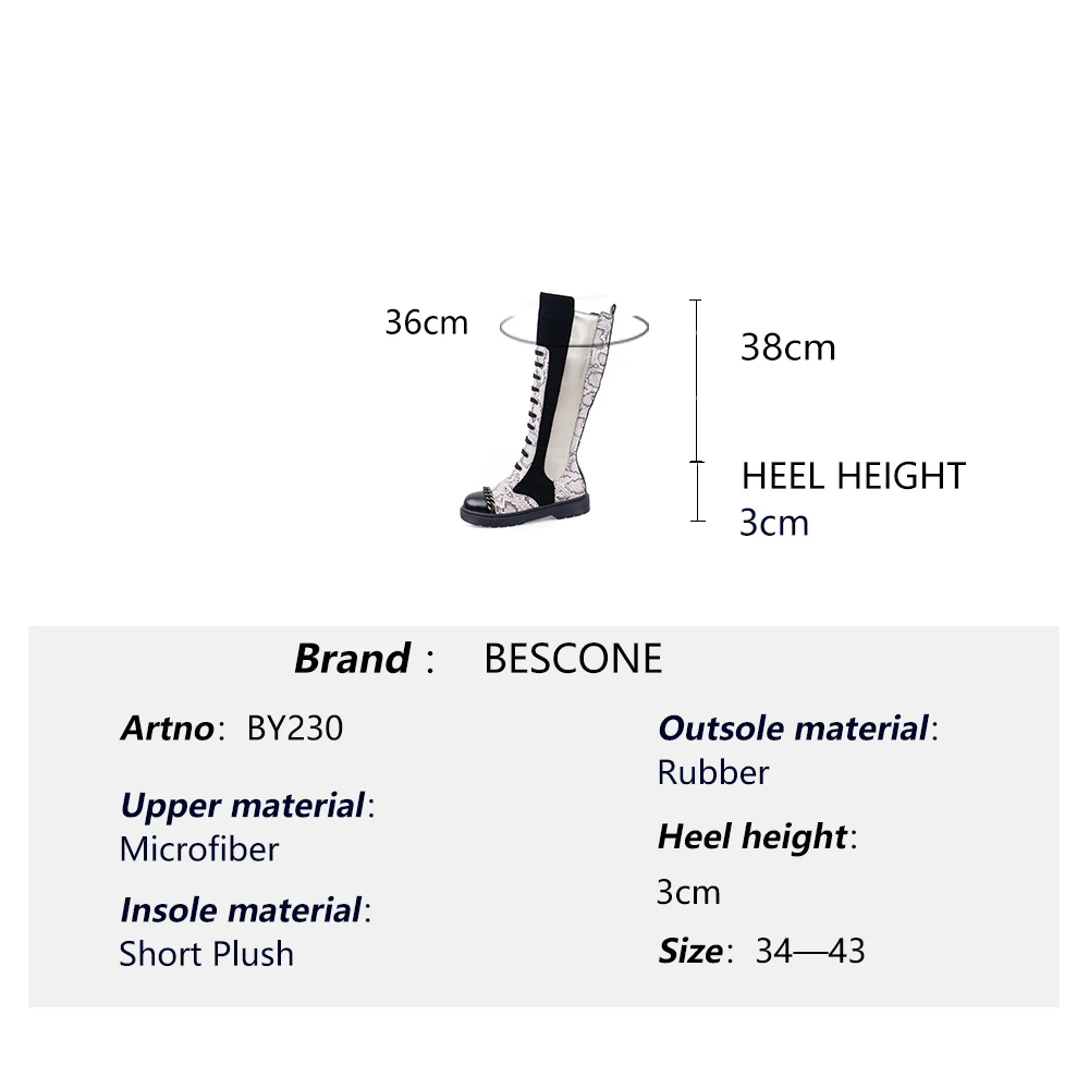 

BESCONE Ladies Knee-High Boots Fashion Mixed Colors Round Toe Zipper Low Heel Shoes New Handmade Square Heel Women Boots BM230
