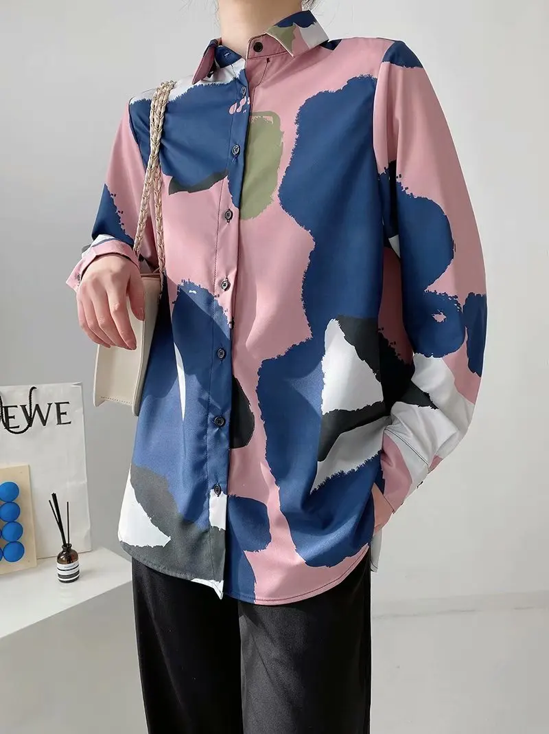

New small public design retro colors collision loose long-sleeved blouse women's spring new fashion casual top
