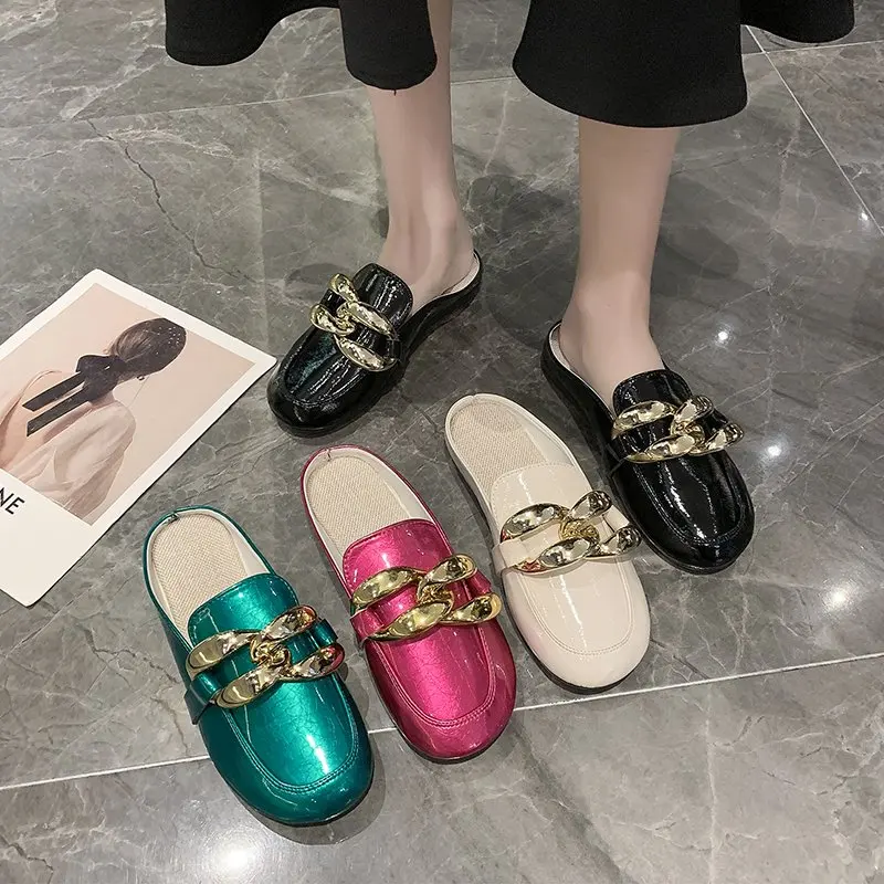 

New Brand Design Gold Chain Women Slipper Closed Toe Slip On Mules Shoes Round Ladies Low Heels Casual Slides Flip Flop 2021