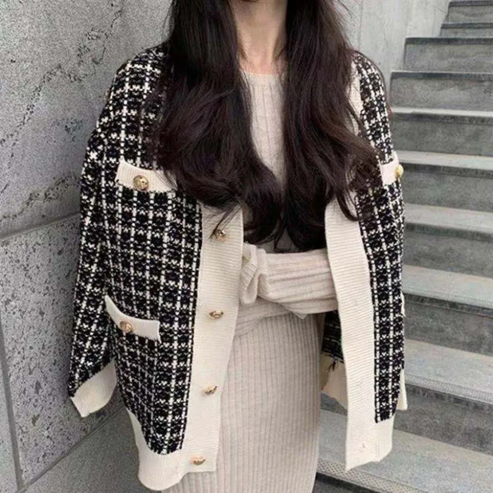 

Women Knits Cardigan Sweater Winter New Korean V-neck Long Sleeve Pocket Plaid Loose Classic Fashion Casual Vintage Sweaters Hot