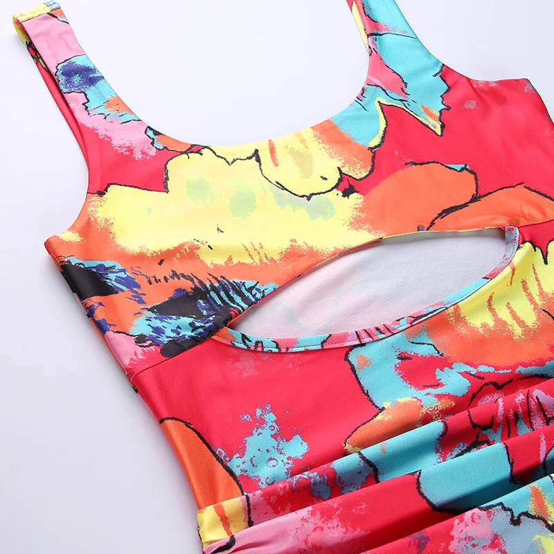 

2021 Summer Fashion Print Hollow Sexy Belly Button Broken Self-Cultivation Asymmetric Tie-Dye Sleeveless Dress Women's Clothes