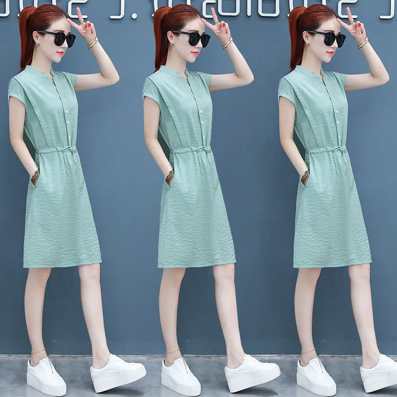 

Simple Women A-Line Causal Chic Solid Dress Lady Button Mandarin Collar Short sleeve Belt Dresses Office Lady Dresses AA248
