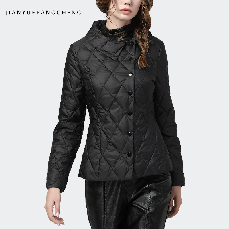 

Fashion Black Turn-Down Collar Women' Jacket 2020 Winter New Warm White Duck Down Diamond Lattice Slim Short Parka Padded Coats