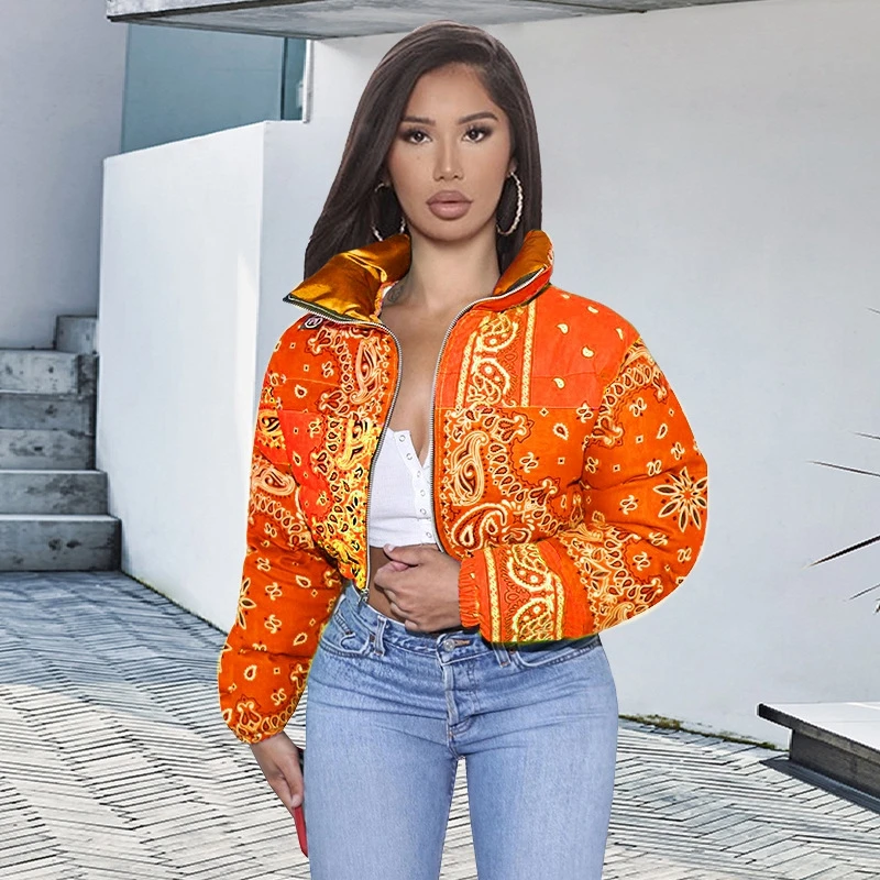 

Casual Print Puffer Bandana Jacket Winter Coat Women Fashion Clothing for Streetwear Cropped Puffer Warm Bubble Coat