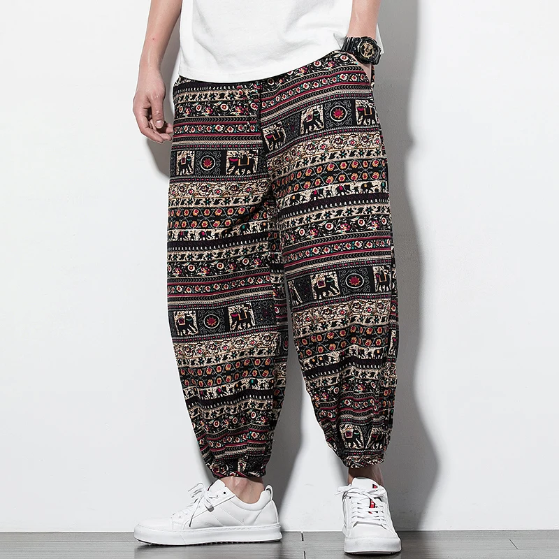 Свободные брюки с принтом в этническом стиле легкие льняные дышащие