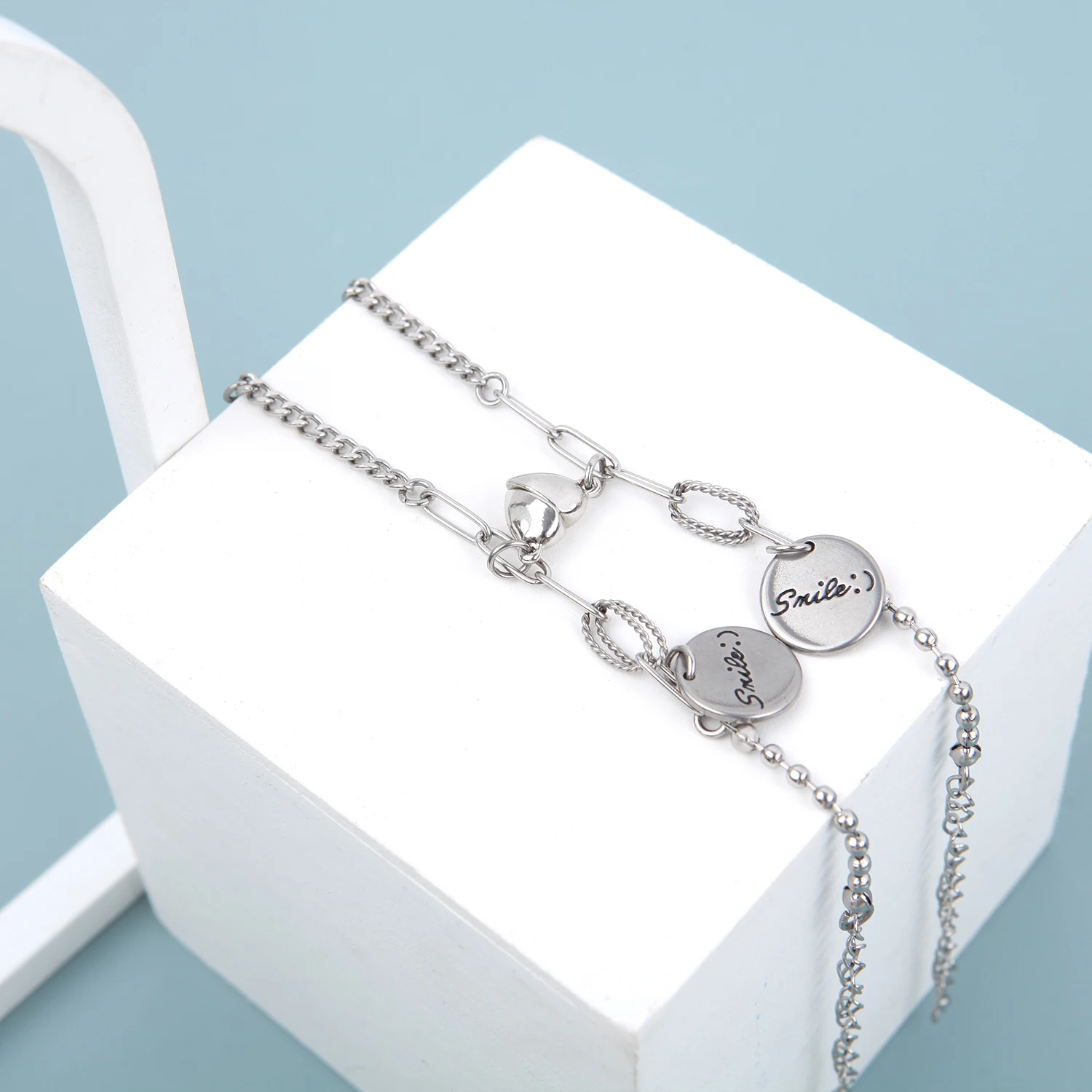 

New Stainless Steel Smile Pendant Couple Bracelet Heart Magnet Attract Charm Jewelry Steel Chain Bracelets Jewelry for Women Men