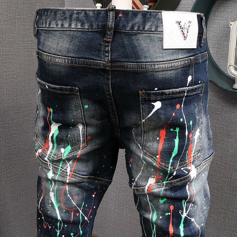 European American Street Fashion Men Jeans Retro Blue Elastic Slim Spliced Designer Biker Jeans Men Painted Hip Hop Punk Pants