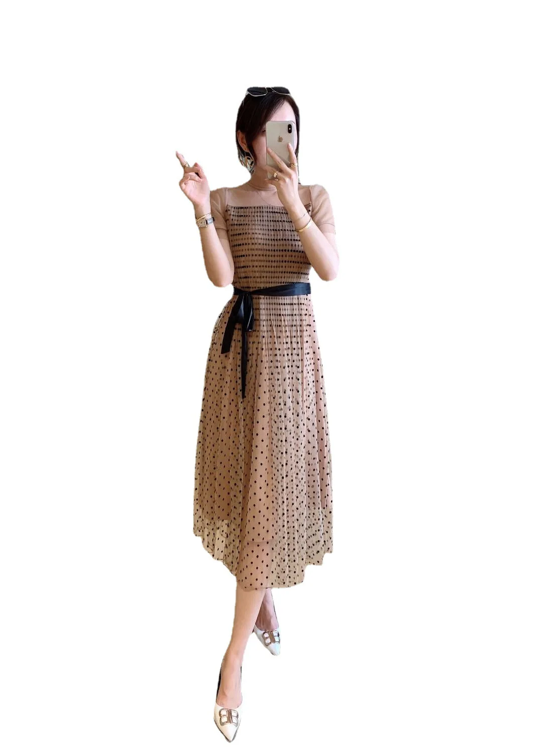 

Women's clothing 2021 summer new style celebrity temperament gauze Polka Dot Dress spring temperament splicing short sleeve