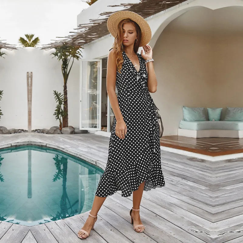 

2021 New Ladies Summer Sexy V-neck Spaghetti Strap Polka Dot Dress Women Elegant Ruffles High Waist Mid-calf Print Long Dress