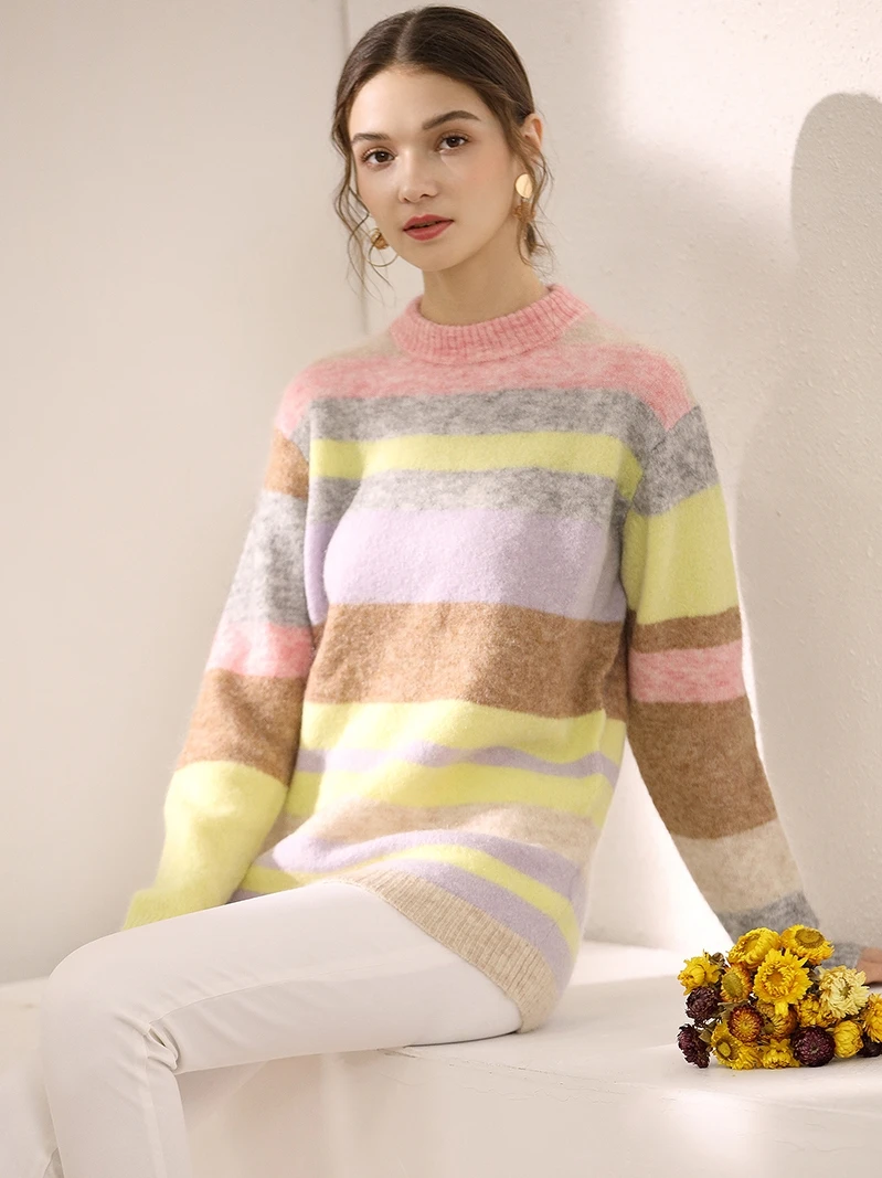 Женский мохеровый свитер CAMIA Свободный пуловер в радужную полоску с круглым