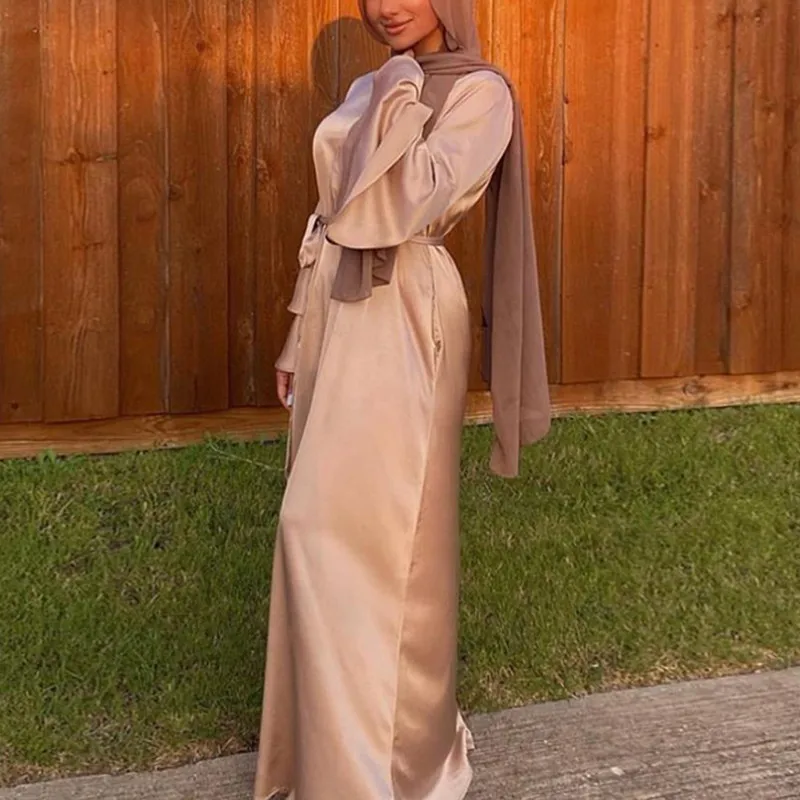 

Ramadan Eid Mubarak Muslim Fashion Satin Dresses For Women Abaya Dubai Turkey Islam Hijab Dress Vestidos Robe Musulmane Longue