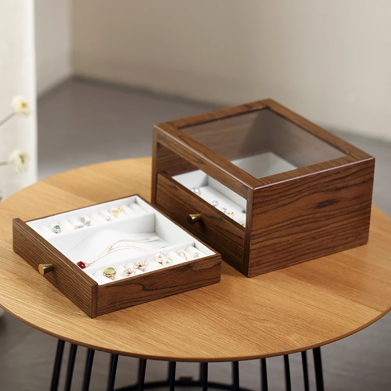 Casegrace Large Glass Display Wooden Jewelry Box Organizer With Drawer Wood Earring Ring Necklace Jewellery Storage Case Casket