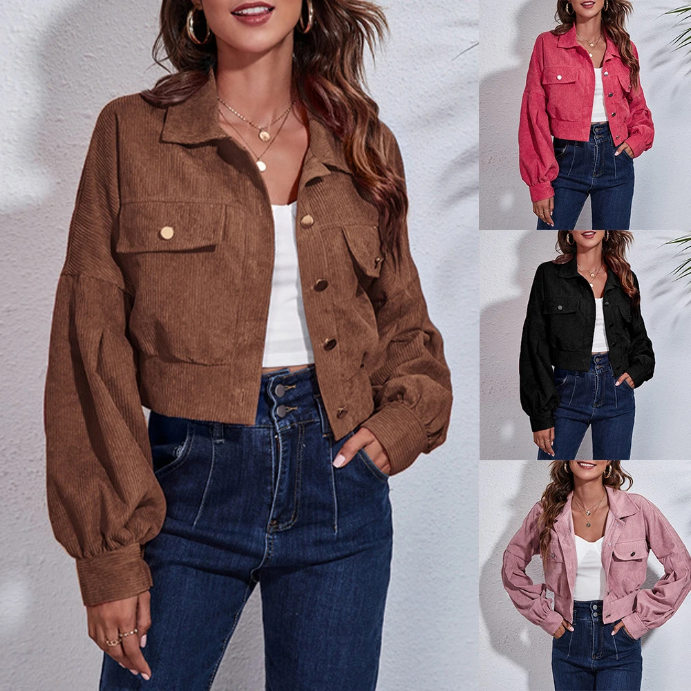 

Lantern Women Coat And Jacket Tops Long Sleeve Solid Color Turn-Down Collar Outwear Jacket With Pocket Short Style Coat Tops