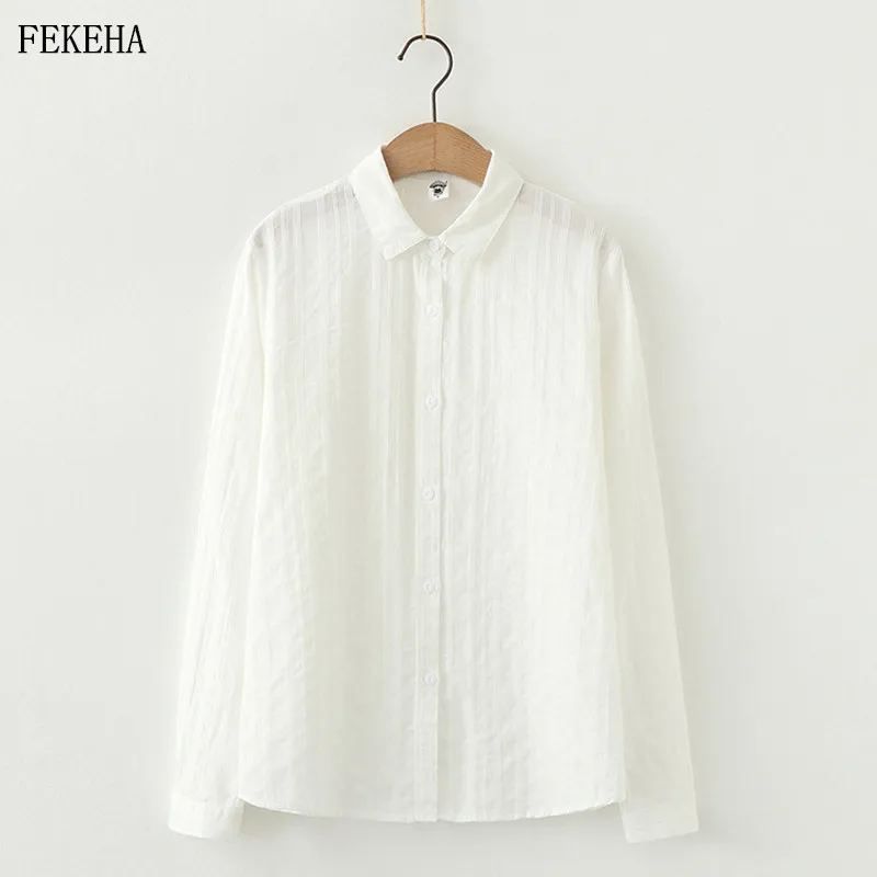 

White Dobby Blouses Womens Tops And Shirts 100% Cotton Long Sleeve Pattern Lady Office Clothes Spring Autumn High Quality