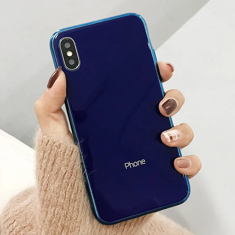 Роскошный стеклянный чехол для Apple iphone 6, 7, 8, 10 Plus, X, XS, XR, MAX, 7 plus, 8 plus, 6G, 6 S, XSMAX, зеркальный глянцевый чехол для телефона - Цвет: Синий