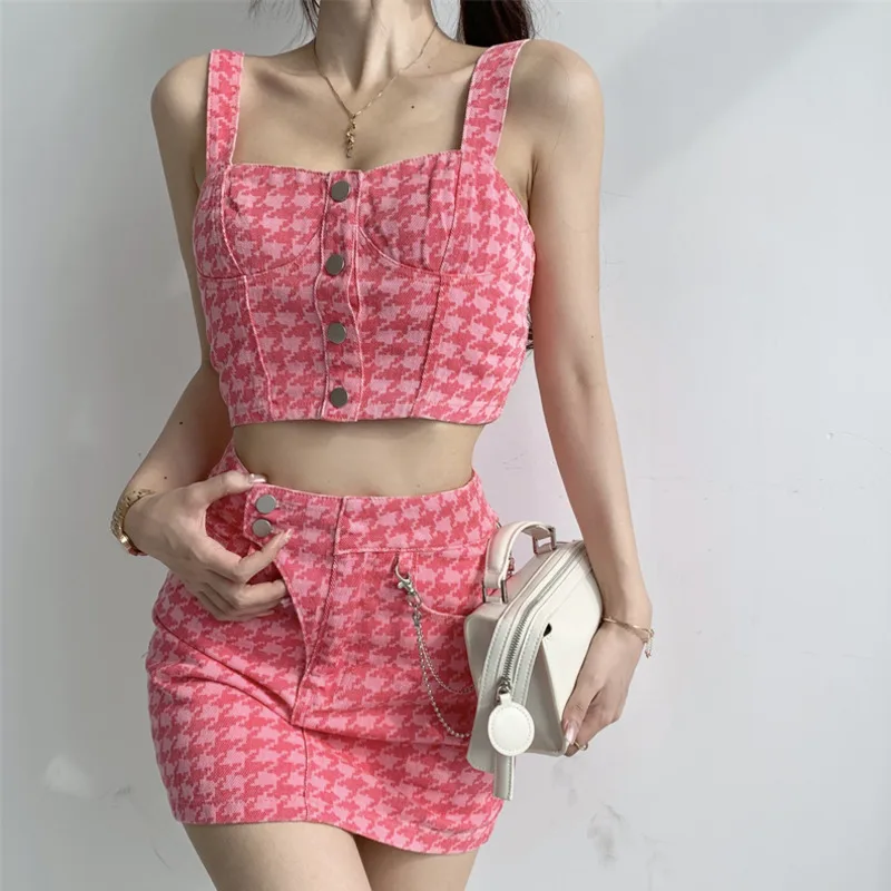 

New Sweet Houndstooth Denim Two Piece Set Women Crop Top + Skirts Sets Korean Fashion Vest Skirt 2 Piece Suits Ensemble Femme