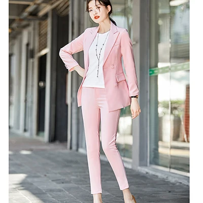 Pink Pant Suits Офис работы Блейзер костюмы высокого качества женские туфли из органической кожи Штаны костюм блейзеры Куртки с брюк комплект из двух предметов красный розовый синий - Цвет: Pink Pant Suits