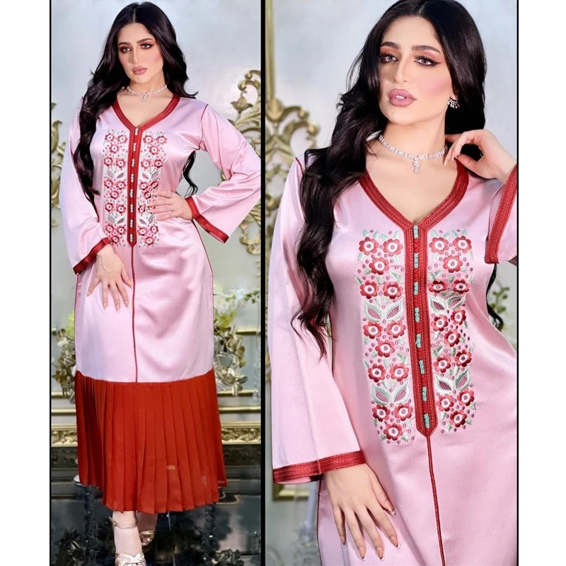 Mandylandy мусульманская абайя Исламская одежда вышивка Средний Восток элегантный розовый Арабский Кафтан халат женский шарф женское платье
