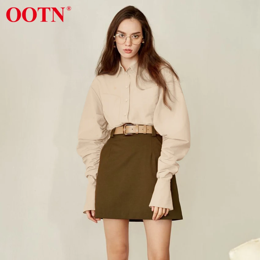 

OOTN модная универсальная рубашка с рюшами и рукавами-фонариками в Корейском стиле женская блузка с двойным карманом и отворотом, весенний ул...