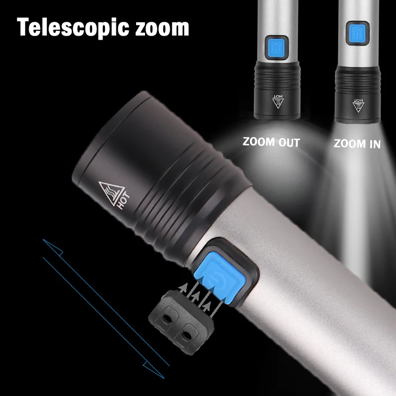 Светодиодный фонарик с зарядкой от USB, T6 светодиодный, встроенный литиевый аккумулятор 1200 мАч, водонепроницаемый фонарь для кемпинга, масштабируемый фонарь