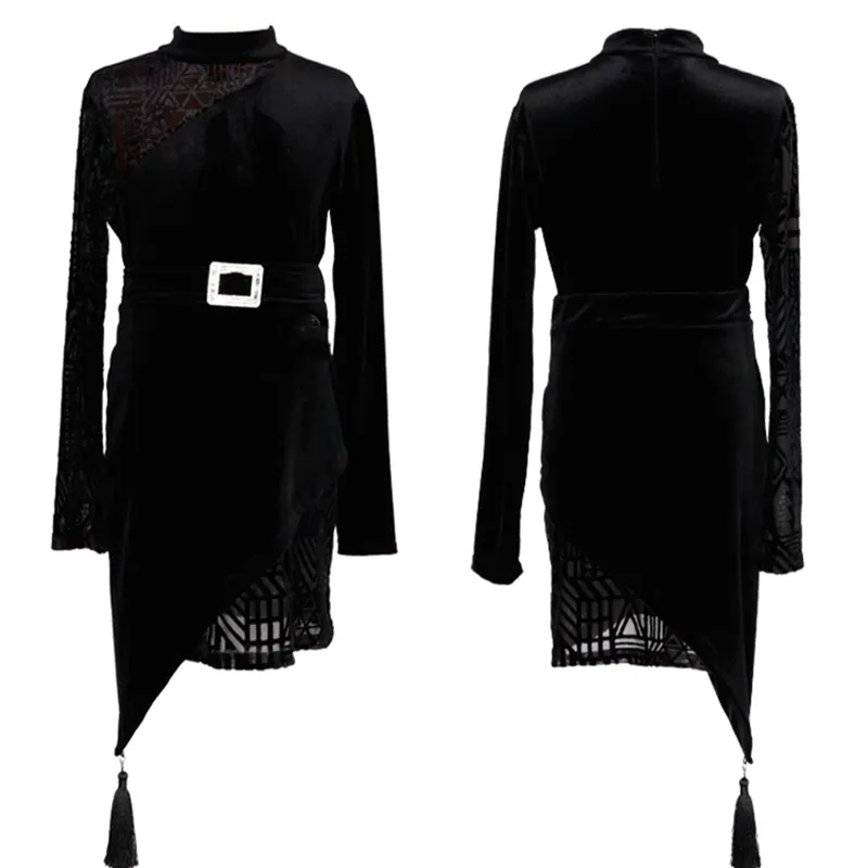 

Women's Latin Dance Skirt Children's Long-sleeved Training Performance Competition Clothes Fringe Dress