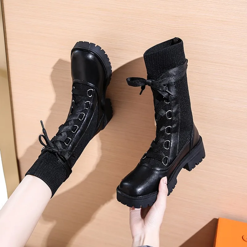 

Женские ботильоны, новинка осень-зима 2021, ботинки мартинсы на толстой подошве с круглым носком и шнуровкой, универсальные короткие ботинки ...