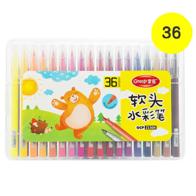 

50LE 1 Set Soft Head Watercolor Pen 12/18/24/36 Colors Children Kindergarten Washable Paintbrush Set Hand-painted Color Brush