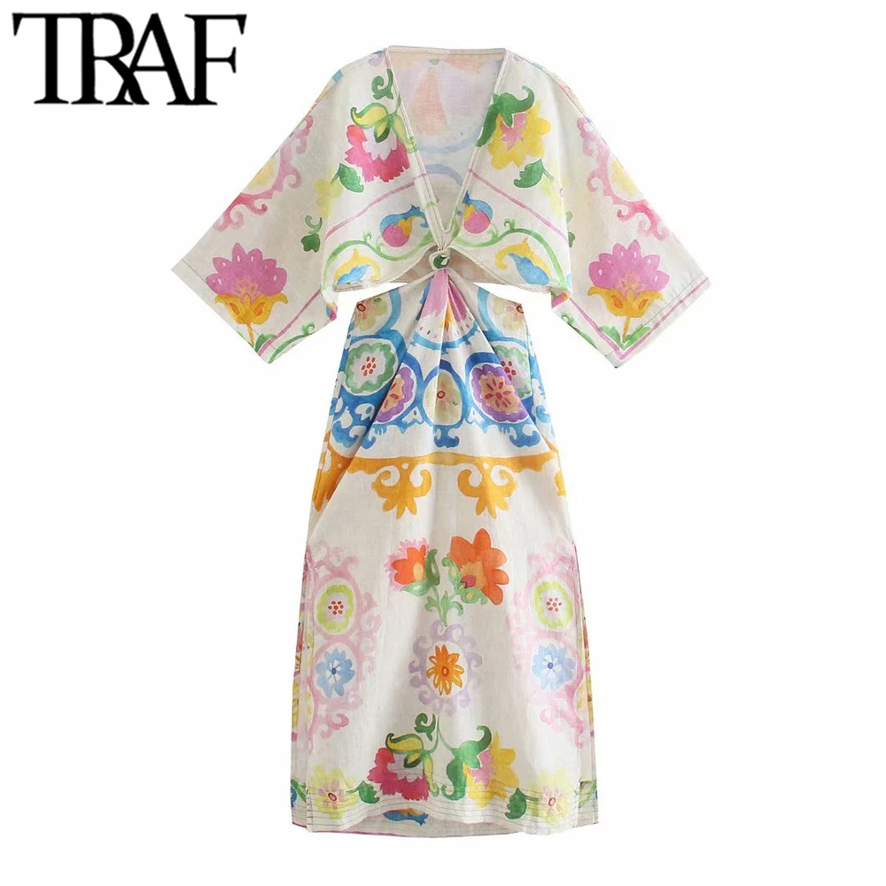 

Платье-миди женское льняное с цветочным принтом и поясом на резинке