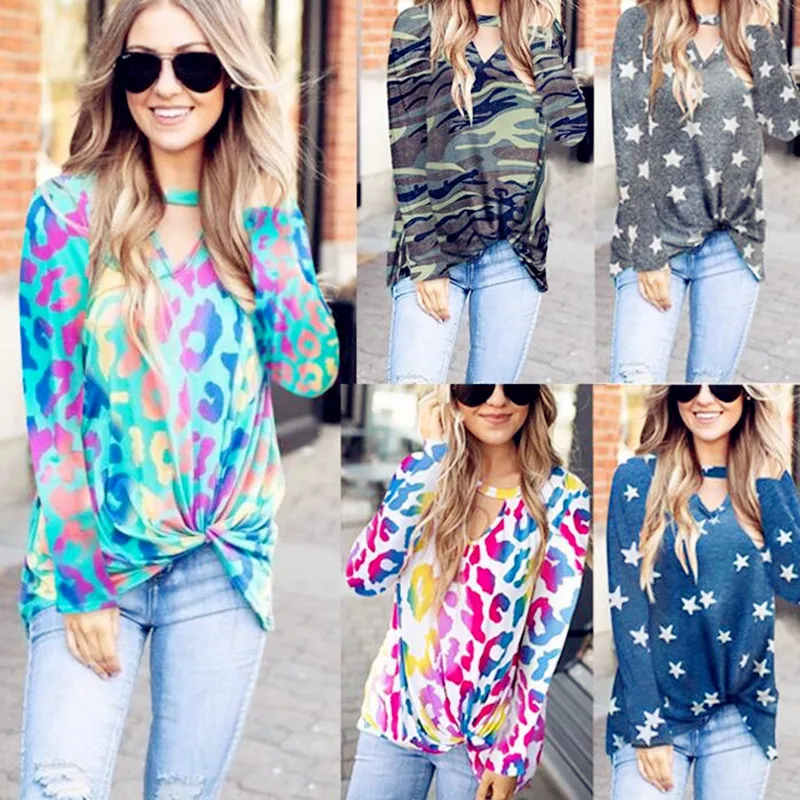 

2021 Winter Cotton Spring Women Plus Sizes V Neck Casual Large Big Loose Bow Star Leopard T Shirts Vintage Tops Full Long Sleeve