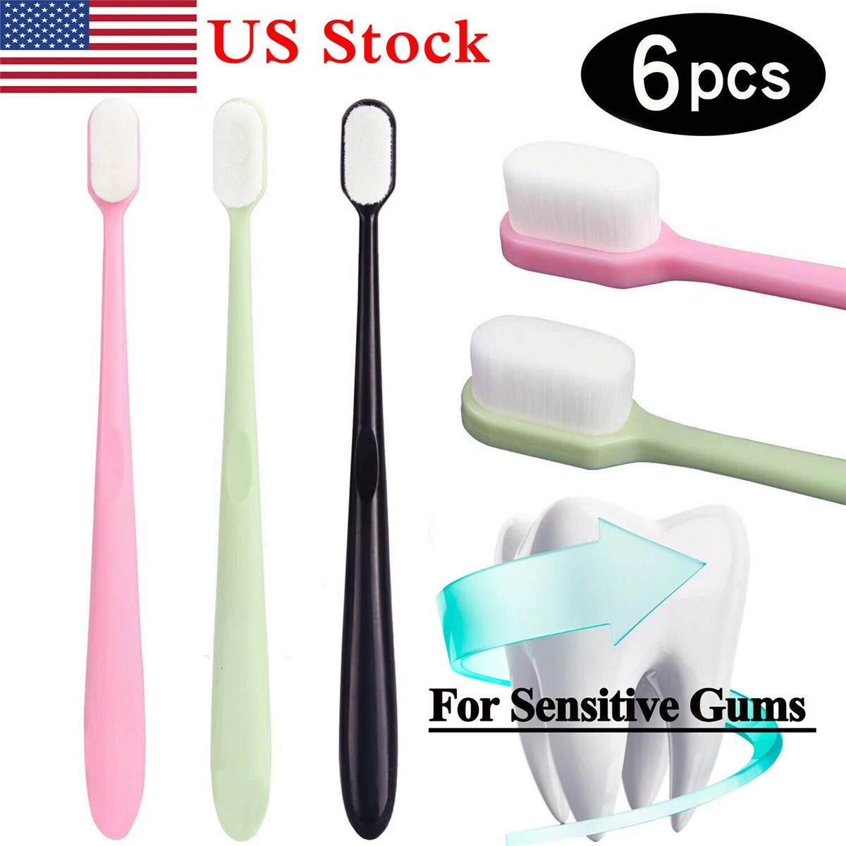 

6Pcs/set Super-Soft Toothbrushes Micro-Nano Manual Toothbrush with Case Soft Adults Teeth Brush for Sensitive Gums 3 Color 18cm