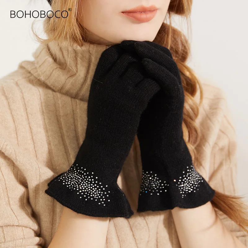 

Winter warm pure cashmere gloves knitted for Winter solid color thick 5fingers wrist length