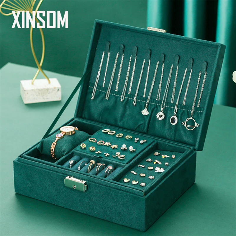 

Бархатная шкатулка для ювелирных изделий XINSOM, вместительный органайзер для ожерелий, серег, колец, коробка для часов