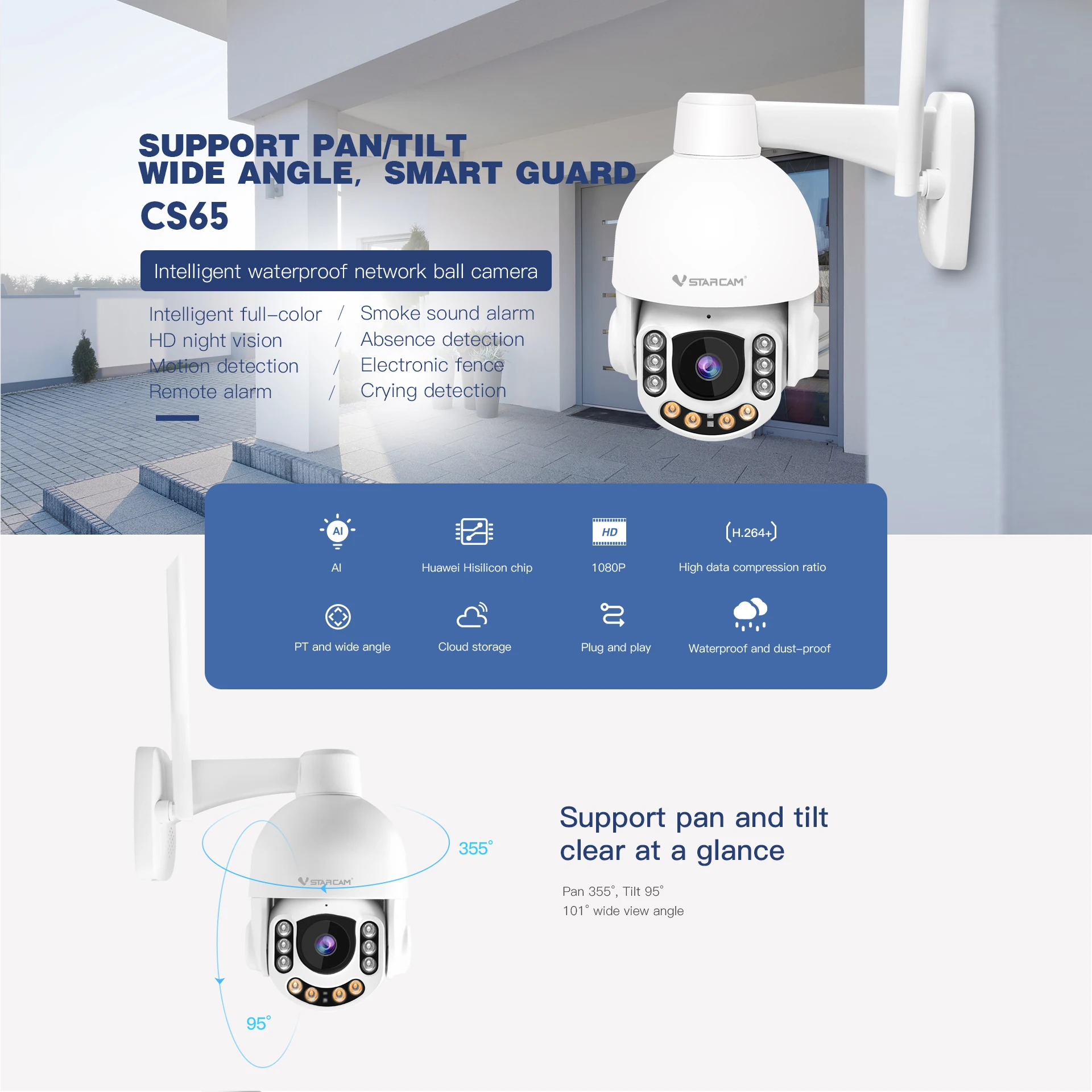 Vstarcam CS65 3MP 1296P Wireless PTZ IP Camera 5X Digital Zoom Outdoor Water-proof Speed Dome | Безопасность и защита