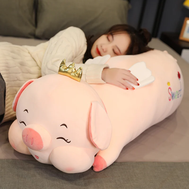 

80CM Cute Angel Lying Pig Plush Toys Stuffed Soft Animal Smile Crown Pillow Cushion for Girls Birthday Sleeping Dolls Gift