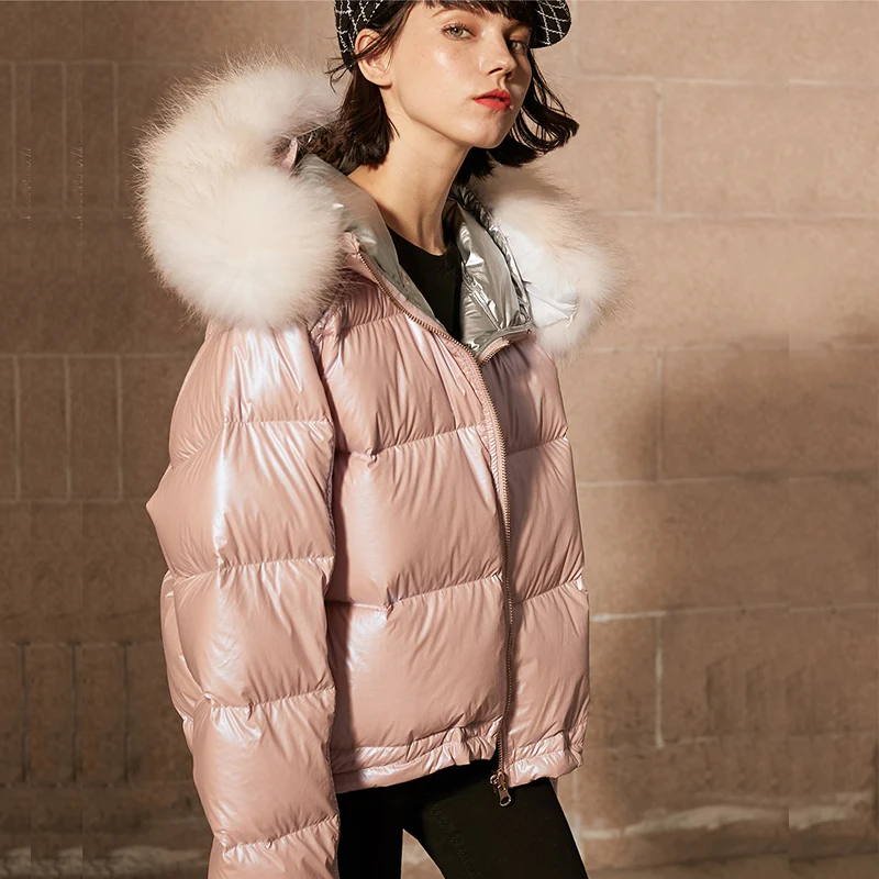 Парка женская с большим воротником из натурального меха енота пуховик на 2019