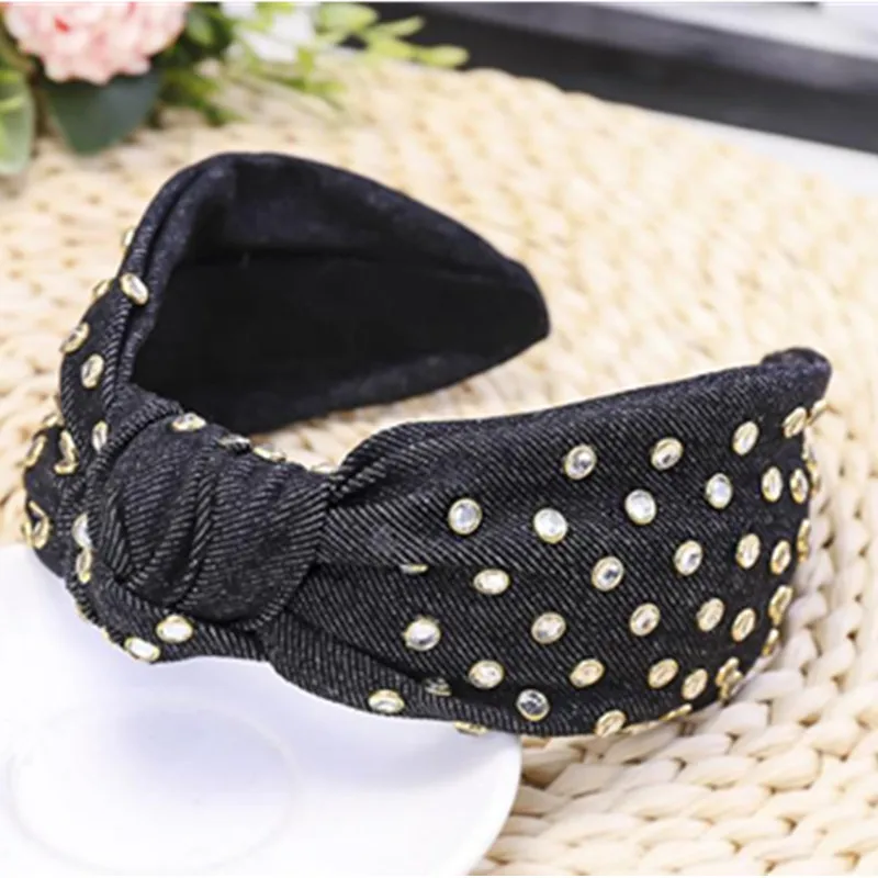 

Full Crystals Decorated Denim Hairband Knot Women Hair Accessories Wide Head Band Adults Shiny Hairbands Bow Knotted Center
