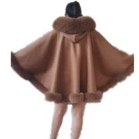 poncho shawl coats with hood cape with real fox furs trim all around women autumn winter wool cape white outwear s103