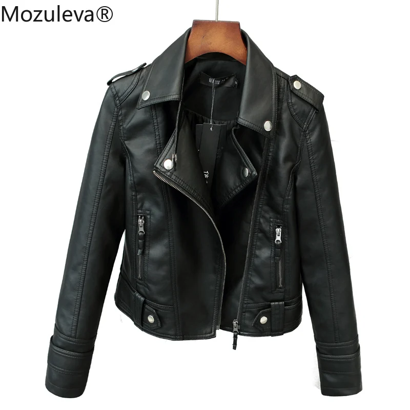 

Mozuleva New Spring Autumn Women Short Faux PU Jacket Slim Fashion Punk Outwear Motorcycle Leather Jacket Casual Coat