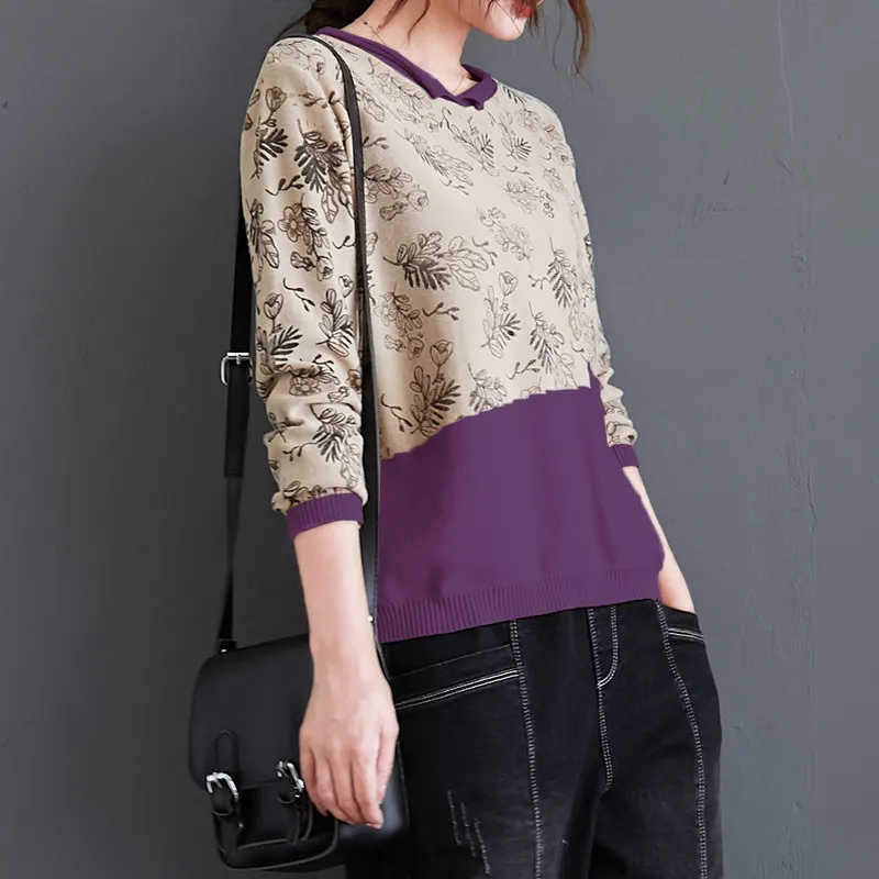 

Woman Knitted Patchwork Floral Sweater Women Autumn Pullovers Spring Sweaters Jumper Ladies Sueter Sweaters New Arrival 2021