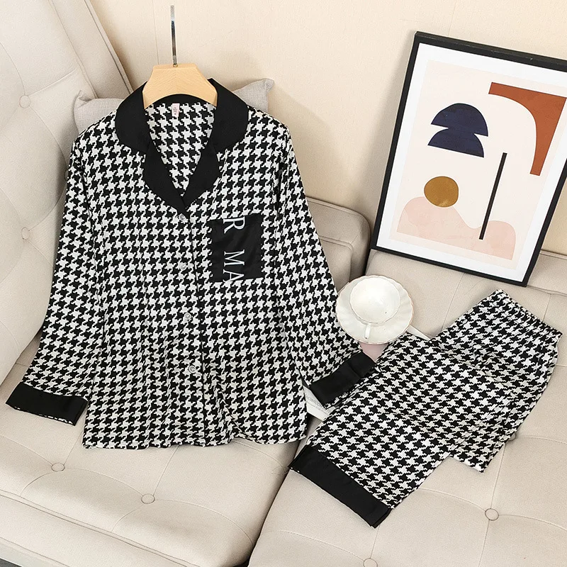 

Plaid Cardigan Silk Satin Pajamas Women Spring Summer Thin Long Sleeves Trousers Suits 2PCs Home Wear Femme Concise Nature Style